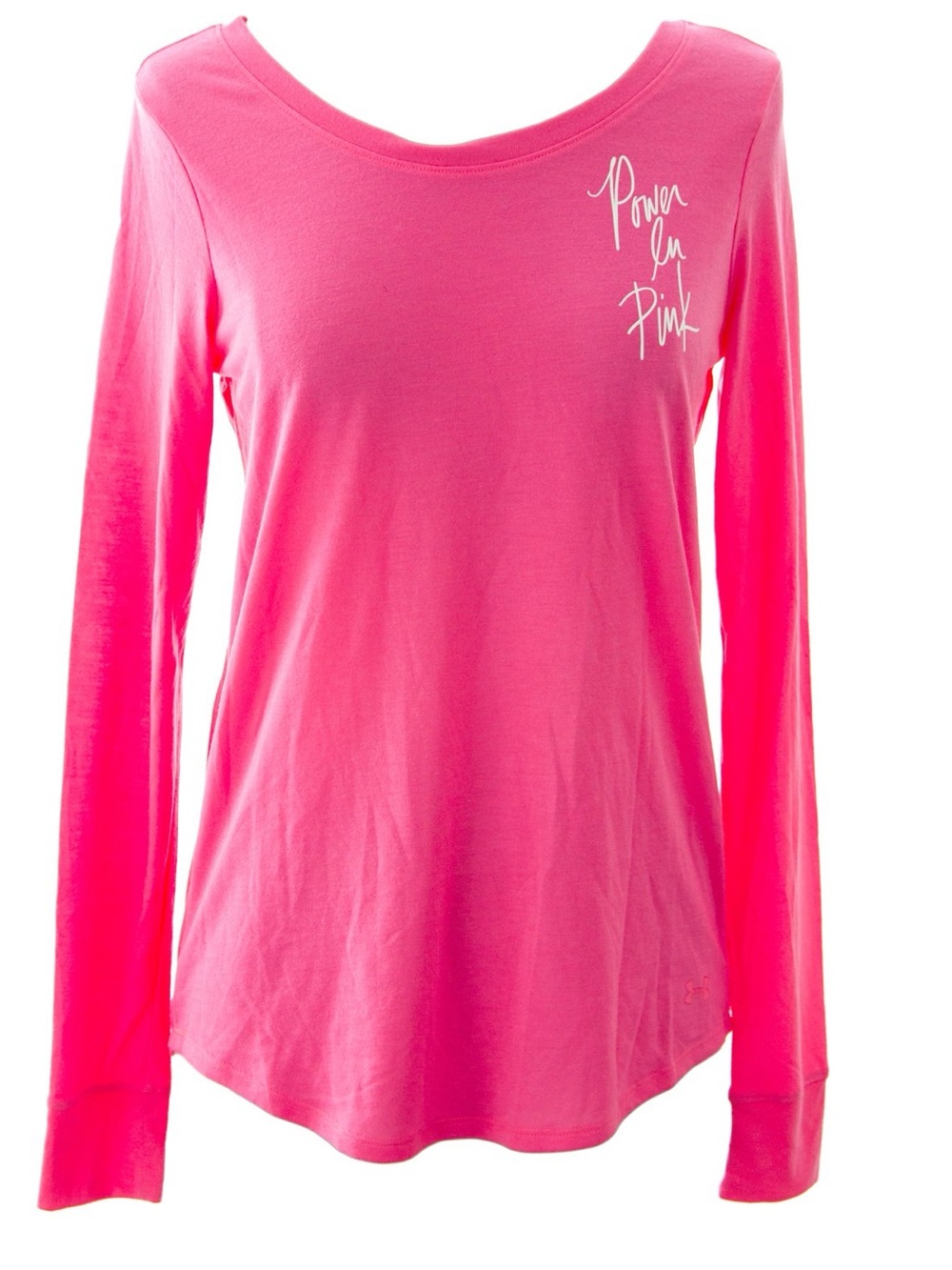Under Armour Long Sleeve Scoop Neck Tee in Hot Pink with White Script